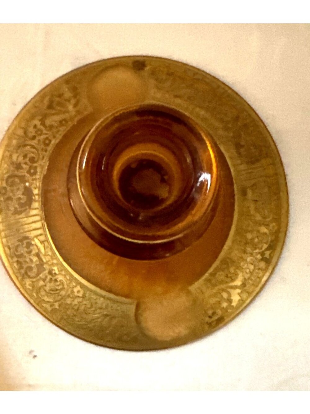 Amber Color Glass Console Bowl Candle Holders Etched Mid Century - Picture 4 of 12